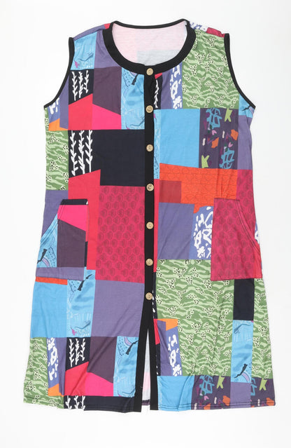 Preworn Womens Multicoloured Geometric Polyester Shift Size M Round Neck Button