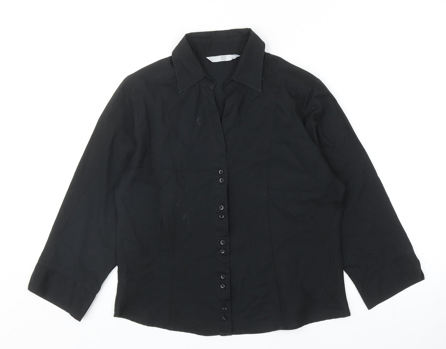 TU Womens Black Cotton Basic Button-Up Size 12 Collared