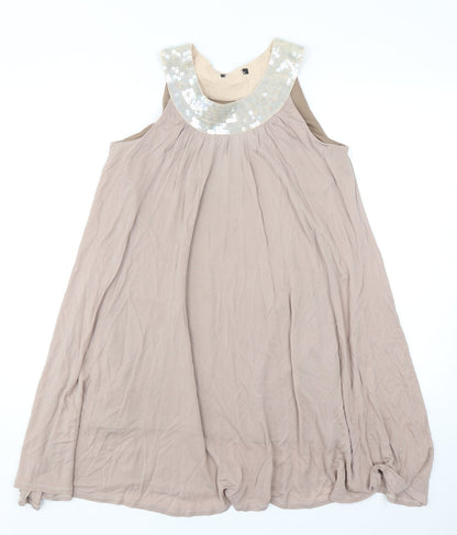 Preworn Womens Beige Polyester Trapeze & Swing Size 10 Round Neck Pullover - Embellished Neckline