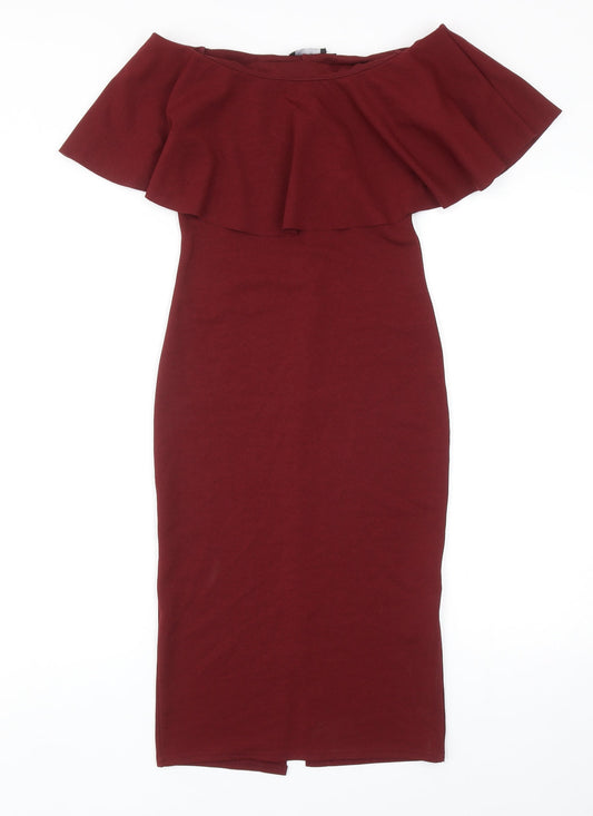 PRETTYLITTLETHING Womens Red Polyester Pencil Dress Size 8 Off the Shoulder Pullover