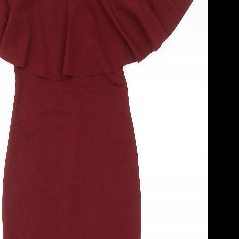 PRETTYLITTLETHING Womens Red Polyester Pencil Dress Size 8 Off the Shoulder Pullover