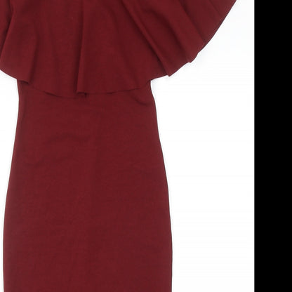PRETTYLITTLETHING Womens Red Polyester Pencil Dress Size 8 Off the Shoulder Pullover