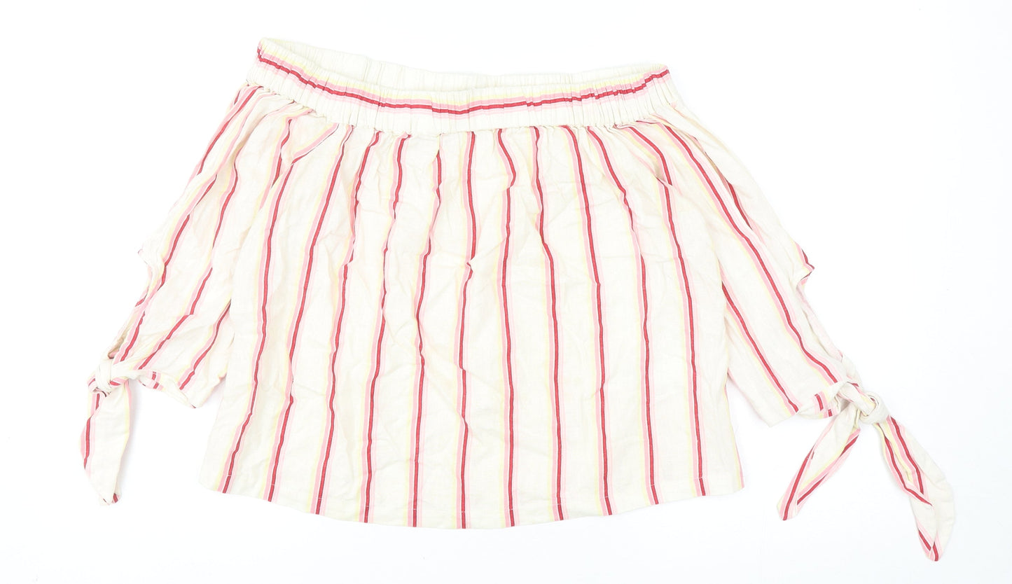 Jack Wills Womens Ivory Striped Linen Basic Blouse Size 10 Off the Shoulder - Tie Sleeve Bardot