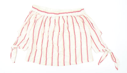 Jack Wills Womens Ivory Striped Linen Basic Blouse Size 10 Off the Shoulder - Tie Sleeve Bardot