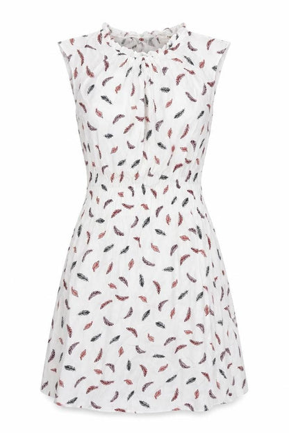 H&M Womens White Geometric Viscose Fit & Flare Size 6 Round Neck Button - Feather Print