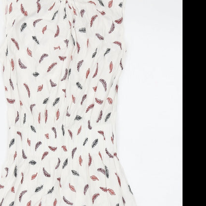 H&M Womens White Geometric Viscose Fit & Flare Size 6 Round Neck Button - Feather Print