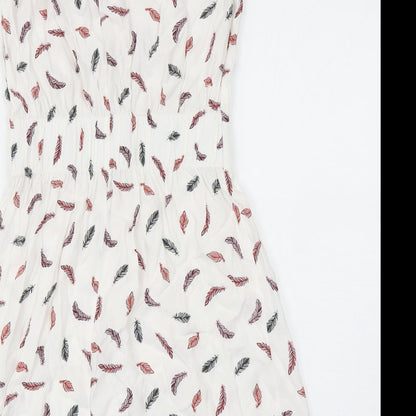 H&M Womens White Geometric Viscose Fit & Flare Size 6 Round Neck Button - Feather Print