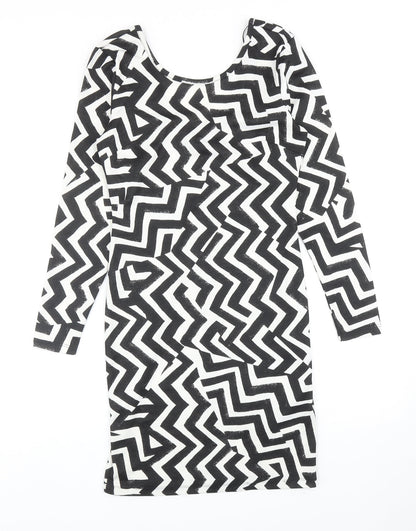 H&M Womens Black Geometric Polyester Shift Size S Scoop Neck Pullover
