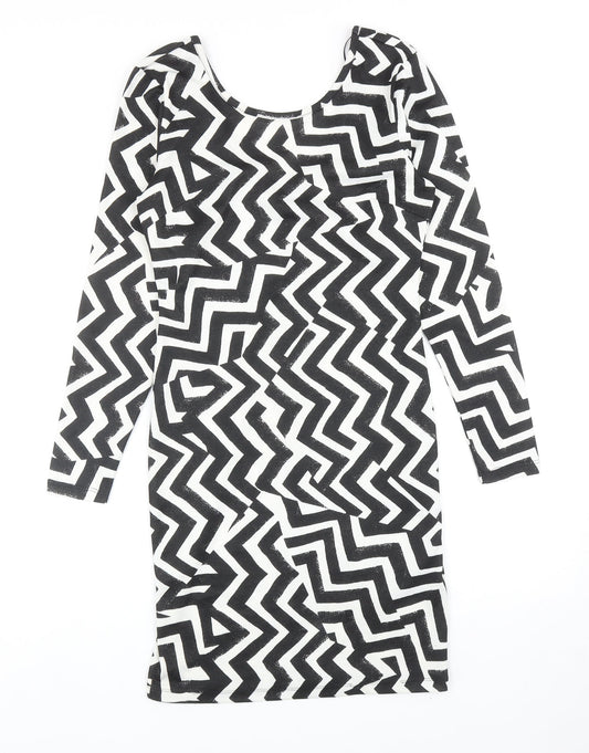 H&M Womens Black Geometric Polyester Shift Size S Scoop Neck Pullover