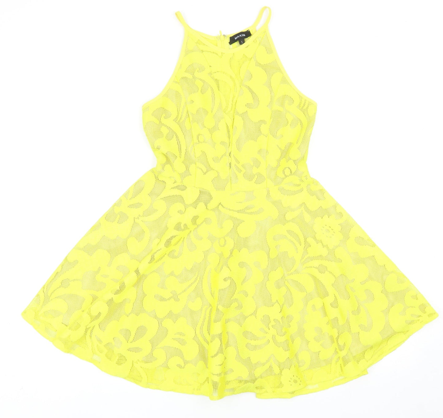 Maxim Womens Yellow Cotton Skater Dress Size S Round Neck Zip