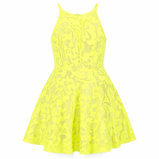 Maxim Womens Yellow Cotton Skater Dress Size S Round Neck Zip