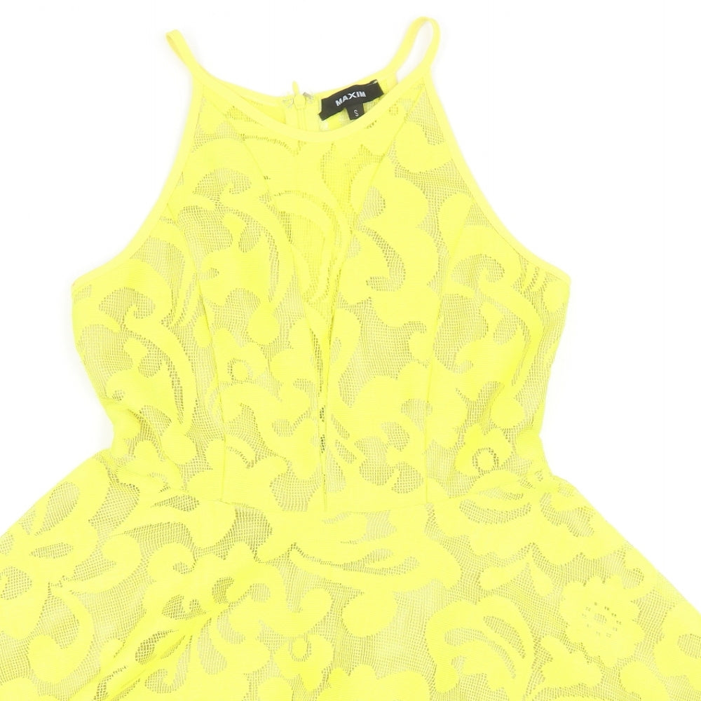 Maxim Womens Yellow Cotton Skater Dress Size S Round Neck Zip