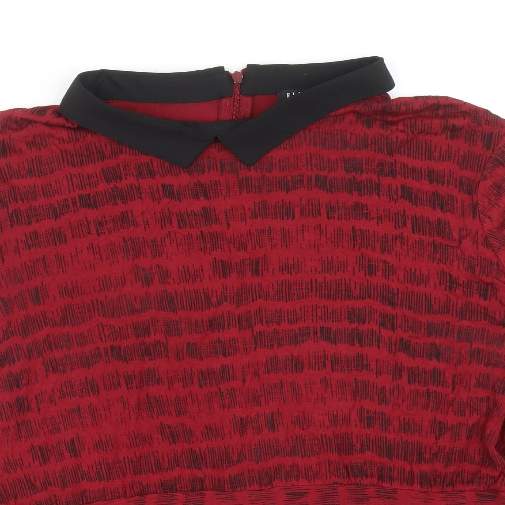 Elle Studio Womens Red Geometric Viscose Basic Blouse Size L Collared