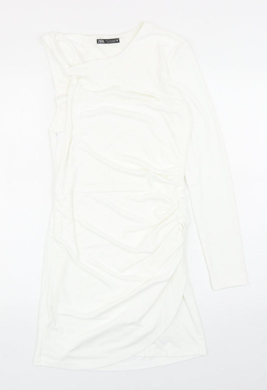 Zara Womens White Polyester Bodycon Size S One Shoulder Zip