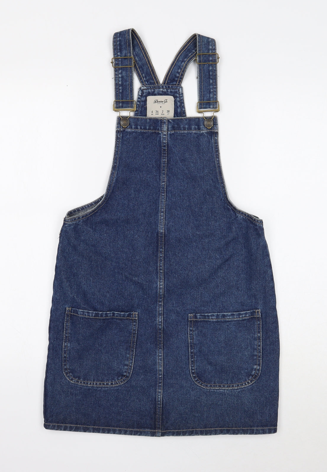 Denim & Co. Womens Blue Cotton Pinafore/Dungaree Dress Size 6 Square Neck Button