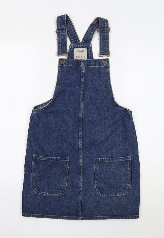 Denim & Co. Womens Blue Cotton Pinafore/Dungaree Dress Size 6 Square Neck Button