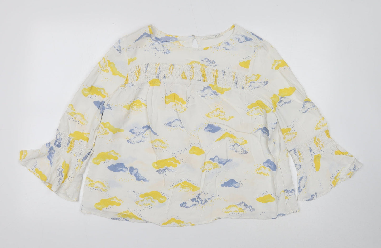 Savannah Miller Womens White Geometric Viscose Basic Blouse Size 14 Boat Neck - Cloud Print, Flute Sleeve