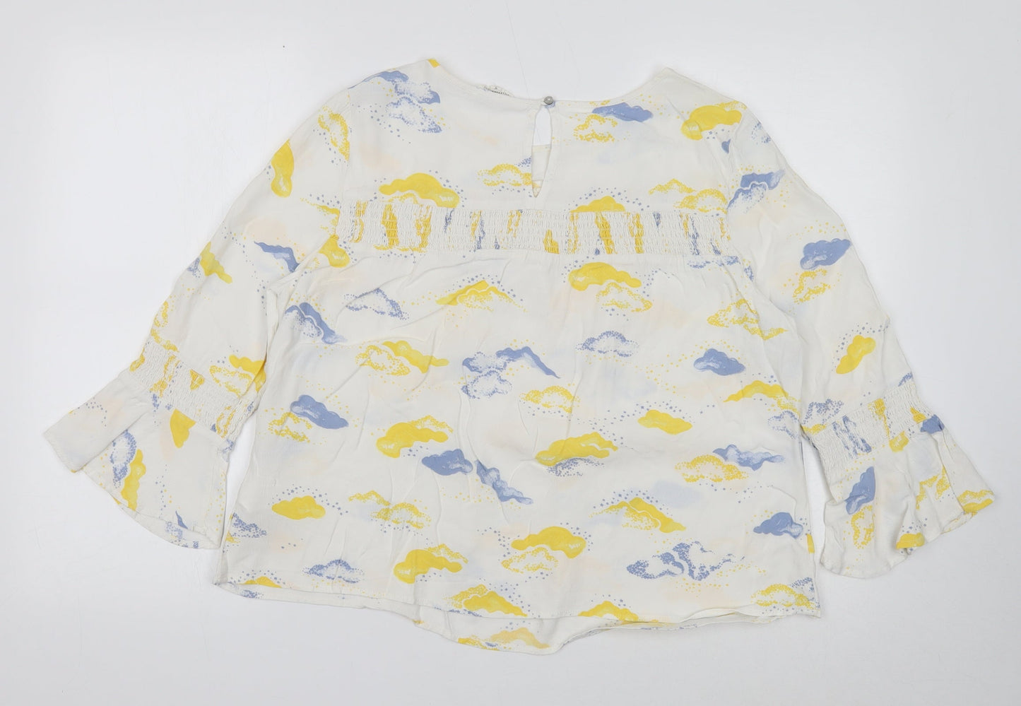 Savannah Miller Womens White Geometric Viscose Basic Blouse Size 14 Boat Neck - Cloud Print, Flute Sleeve