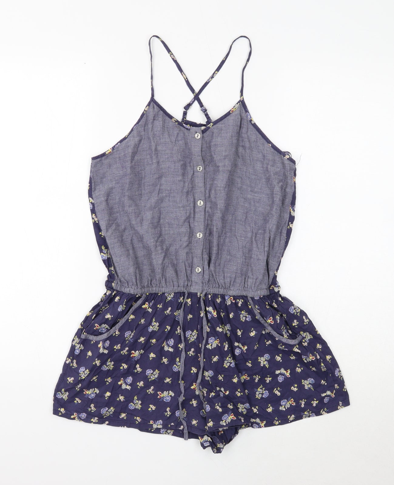 Chelsea Girl Womens Blue Cotton Playsuit One-Piece Size 10 Button