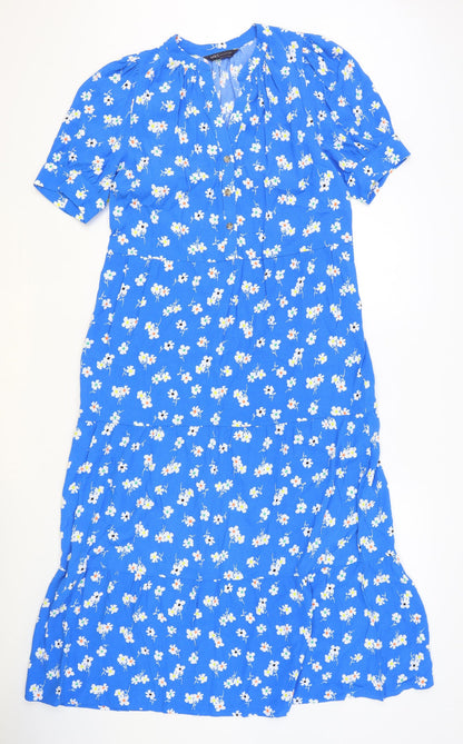 Marks and Spencer Womens Blue Floral Viscose A-Line Size 8 V-Neck Button