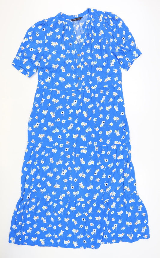 Marks and Spencer Womens Blue Floral Viscose A-Line Size 8 V-Neck Button