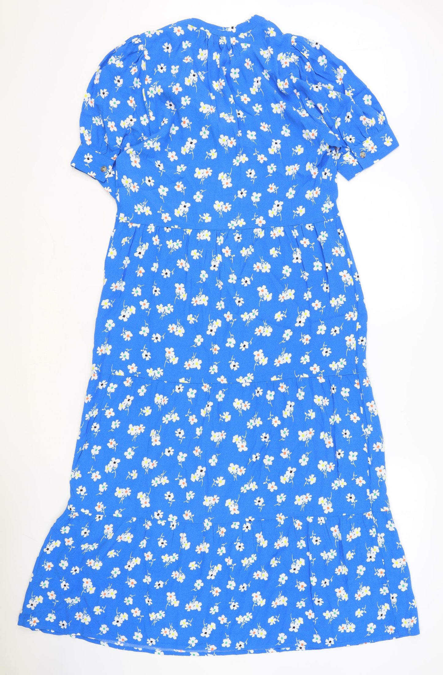 Marks and Spencer Womens Blue Floral Viscose A-Line Size 8 V-Neck Button