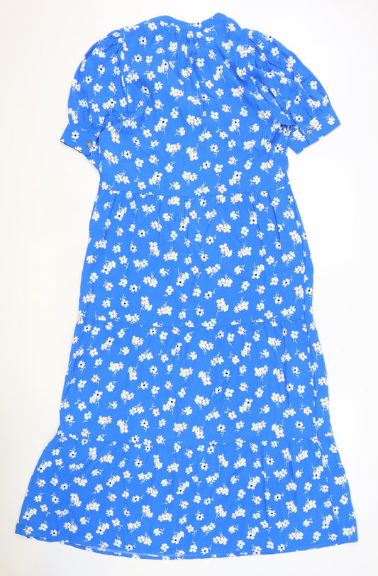 Marks and Spencer Womens Blue Floral Viscose A-Line Size 8 V-Neck Button