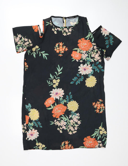 Boohoo Womens Black Floral Polyester T-Shirt Dress Size 8 Round Neck Button - Cold Shoulder
