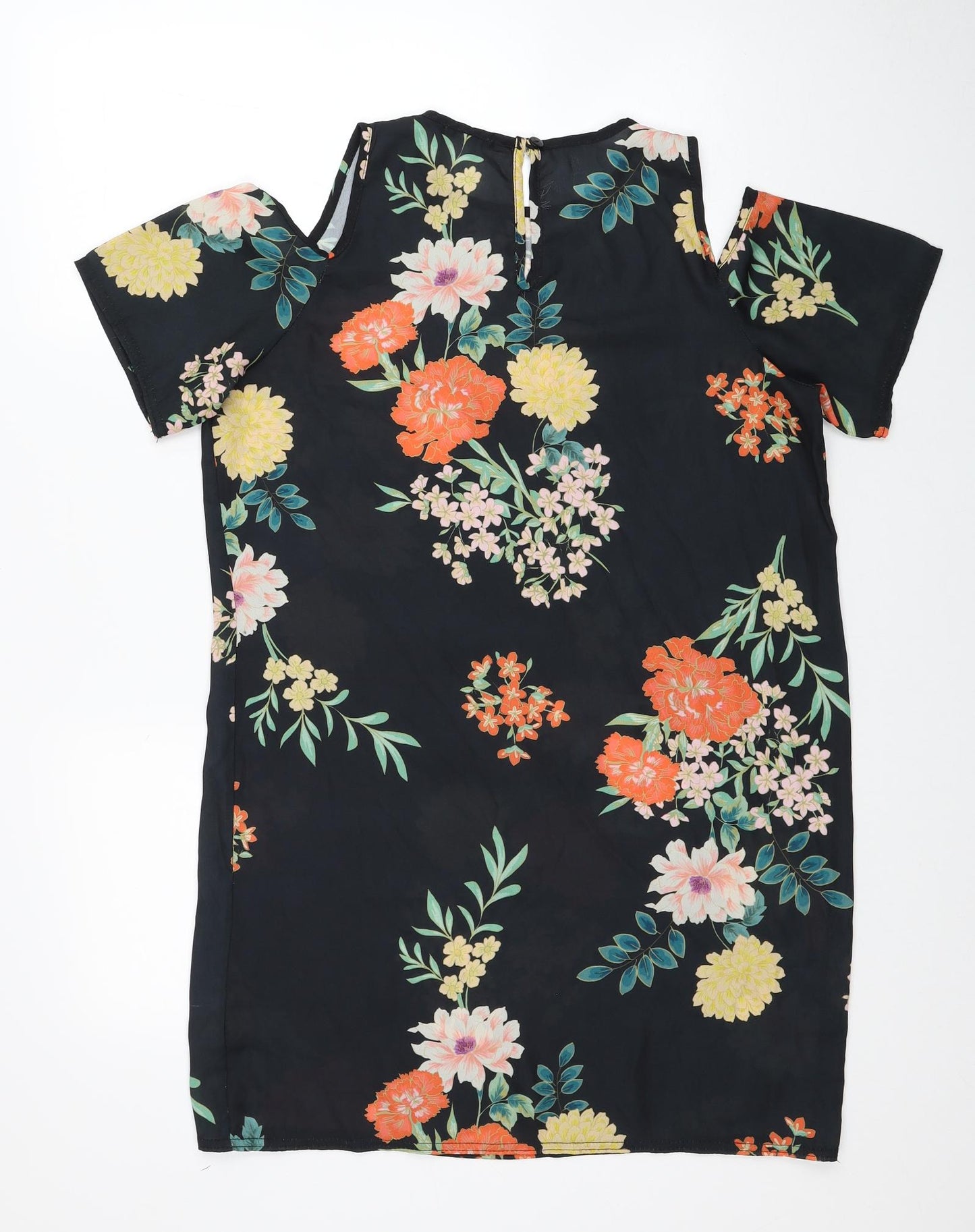Boohoo Womens Black Floral Polyester T-Shirt Dress Size 8 Round Neck Button - Cold Shoulder