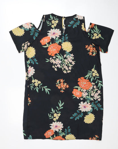 Boohoo Womens Black Floral Polyester T-Shirt Dress Size 8 Round Neck Button - Cold Shoulder