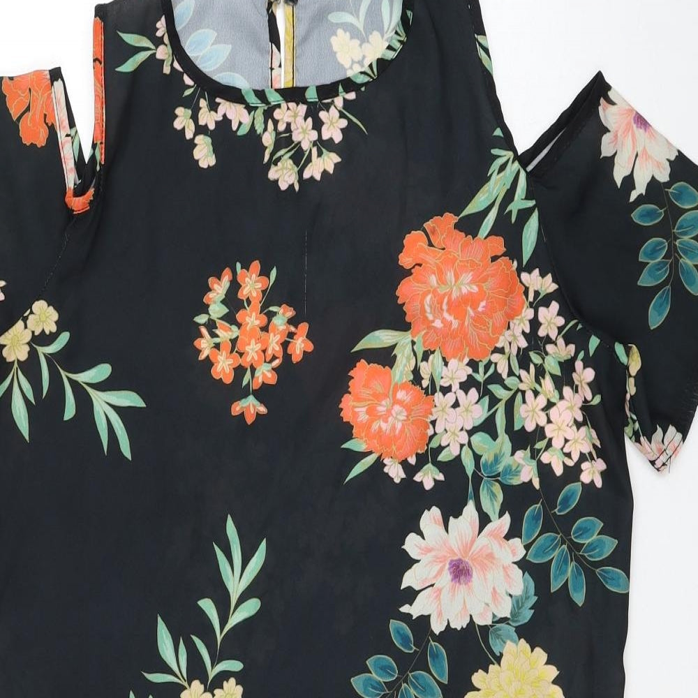 Boohoo Womens Black Floral Polyester T-Shirt Dress Size 8 Round Neck Button - Cold Shoulder