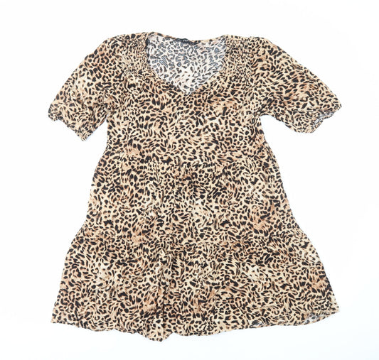 F&F Womens Brown Animal Print Viscose A-Line Size 10 Scoop Neck Pullover - Leopard Print