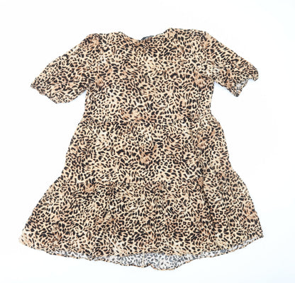 F&F Womens Brown Animal Print Viscose A-Line Size 10 Scoop Neck Pullover - Leopard Print