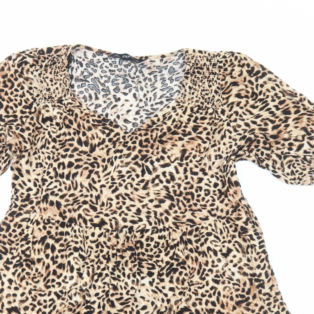 F&F Womens Brown Animal Print Viscose A-Line Size 10 Scoop Neck Pullover - Leopard Print