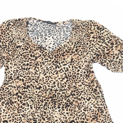 F&F Womens Brown Animal Print Viscose A-Line Size 10 Scoop Neck Pullover - Leopard Print