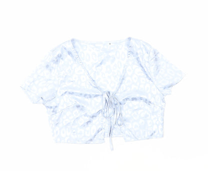 Preworn Womens Blue Animal Print Polyester Cropped Blouse Size S V-Neck - Leopard Print Tie Front