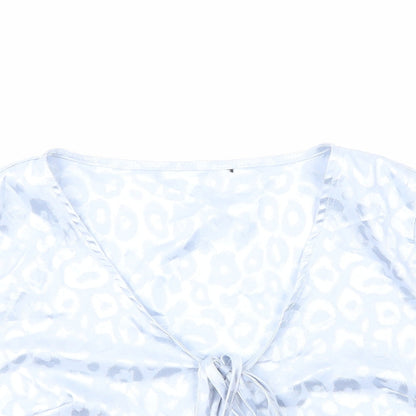 Preworn Womens Blue Animal Print Polyester Cropped Blouse Size S V-Neck - Leopard Print Tie Front