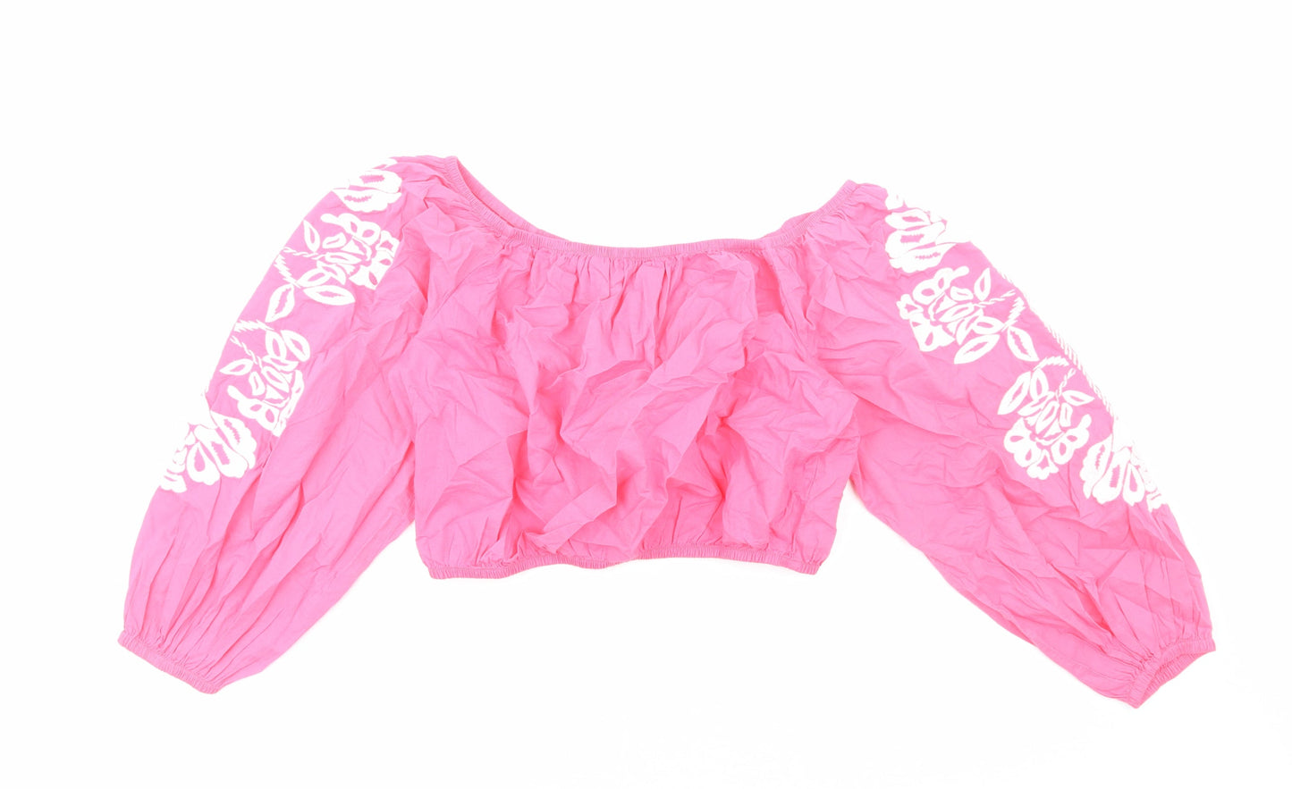 Marks and Spencer Womens Pink Geometric Cotton Cropped T-Shirt Size 14 Off the Shoulder - Flower detail on sleeves