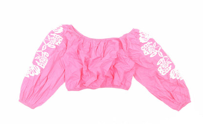 Marks and Spencer Womens Pink Geometric Cotton Cropped T-Shirt Size 14 Off the Shoulder - Flower detail on sleeves