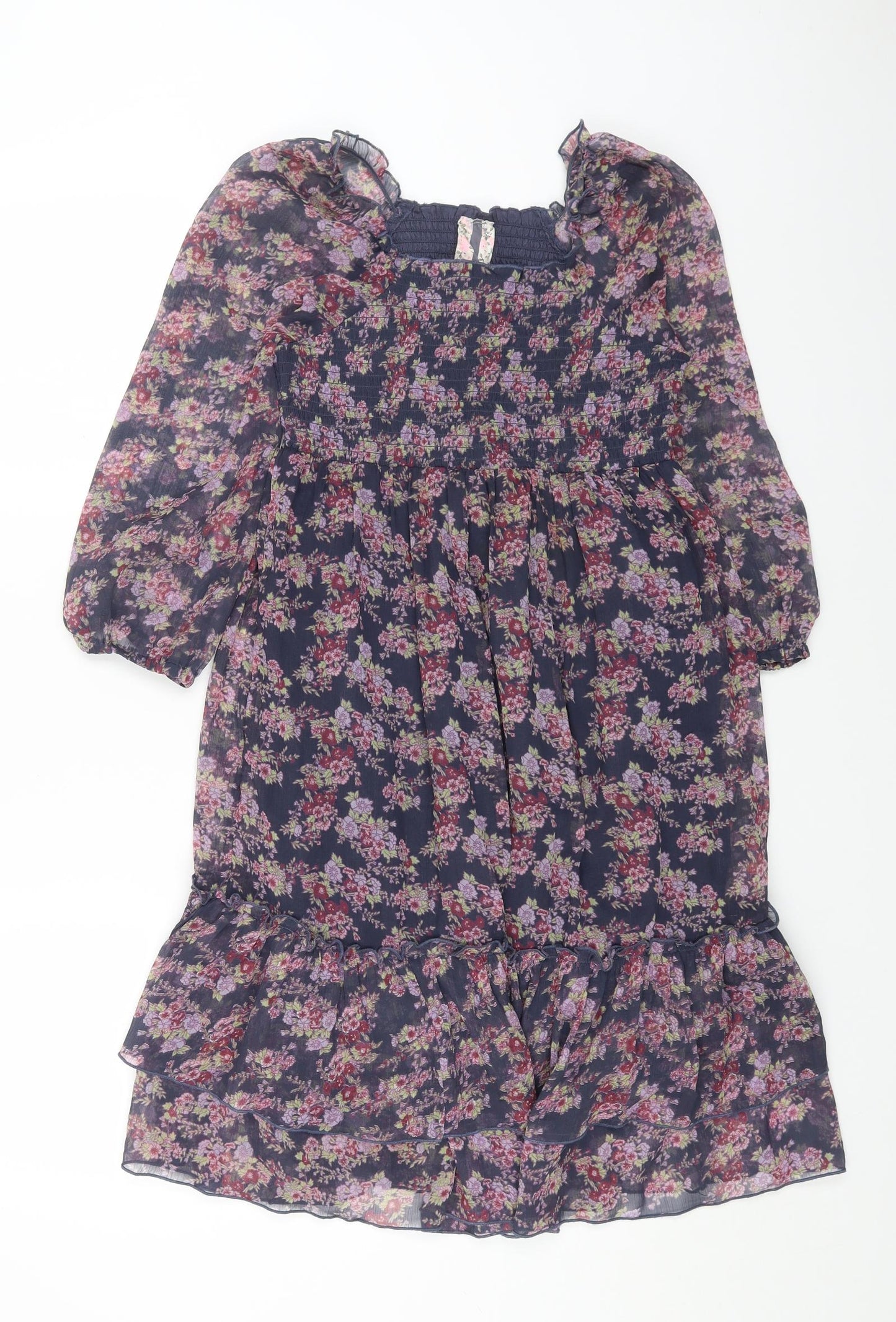 NEXT Womens Purple Floral Polyester A-Line Size 10 Square Neck Pullover - Shirred Top