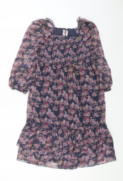 NEXT Womens Purple Floral Polyester A-Line Size 10 Square Neck Pullover - Shirred Top
