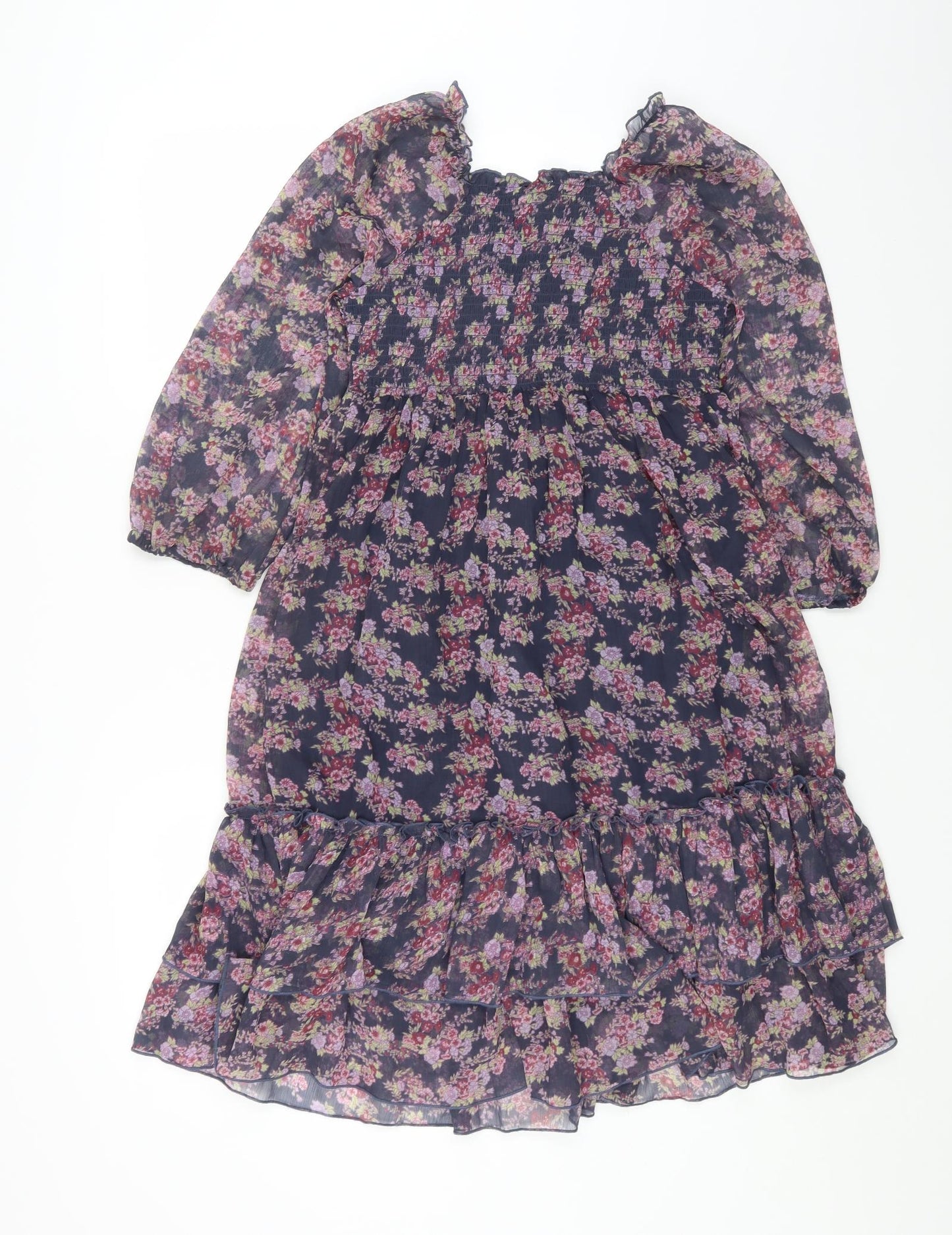 NEXT Womens Purple Floral Polyester A-Line Size 10 Square Neck Pullover - Shirred Top
