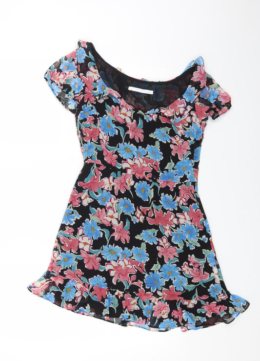 Trafaluc Womens Black Floral Polyester Mini Size 6 Boat Neck Zip