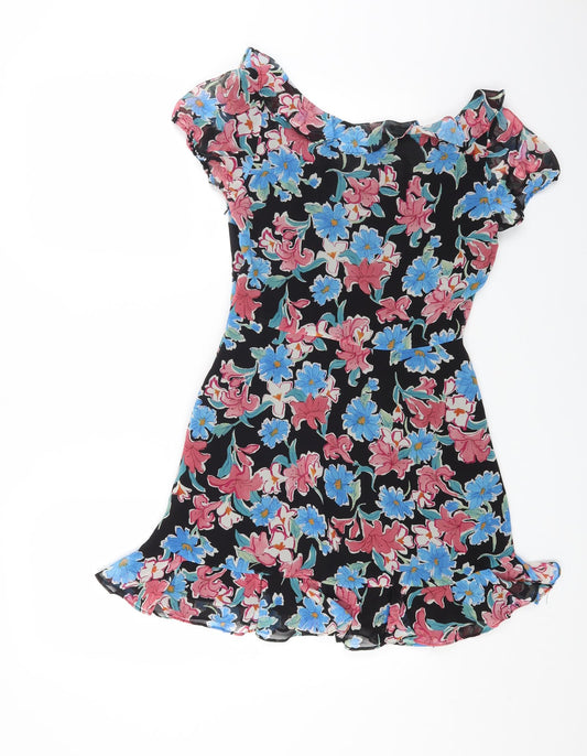 Trafaluc Womens Black Floral Polyester Mini Size 6 Boat Neck Zip