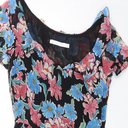 Trafaluc Womens Black Floral Polyester Mini Size 6 Boat Neck Zip