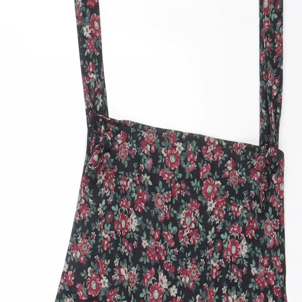 Bershka Womens Black Floral Polyester Pinafore/Dungaree Dress Size XS Scoop Neck Zip