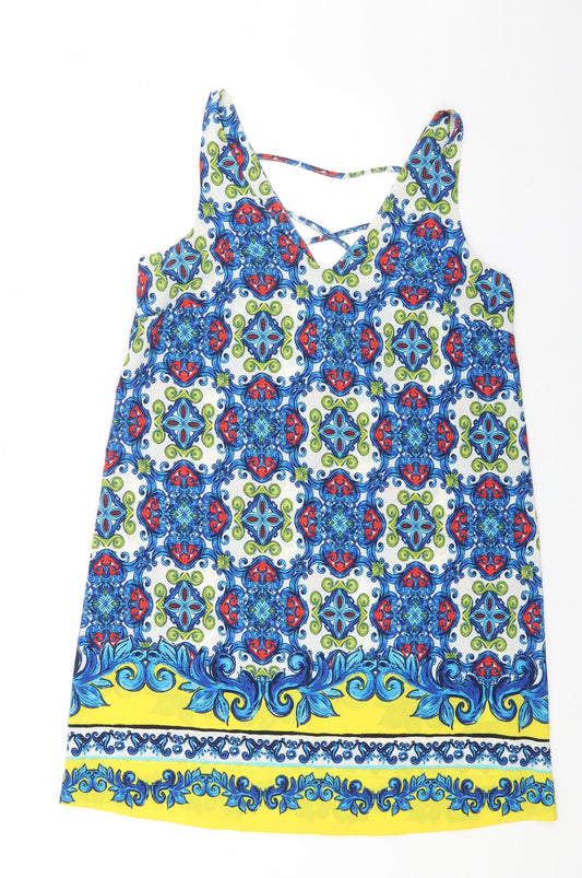 Papaya Womens Blue Geometric Polyester Shift Size 12 V-Neck Pullover