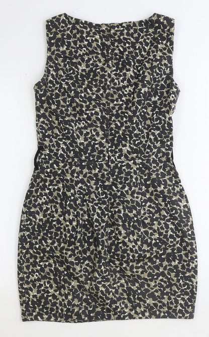 Warehouse Womens Brown Animal Print Cotton Pencil Dress Size 10 Boat Neck Zip