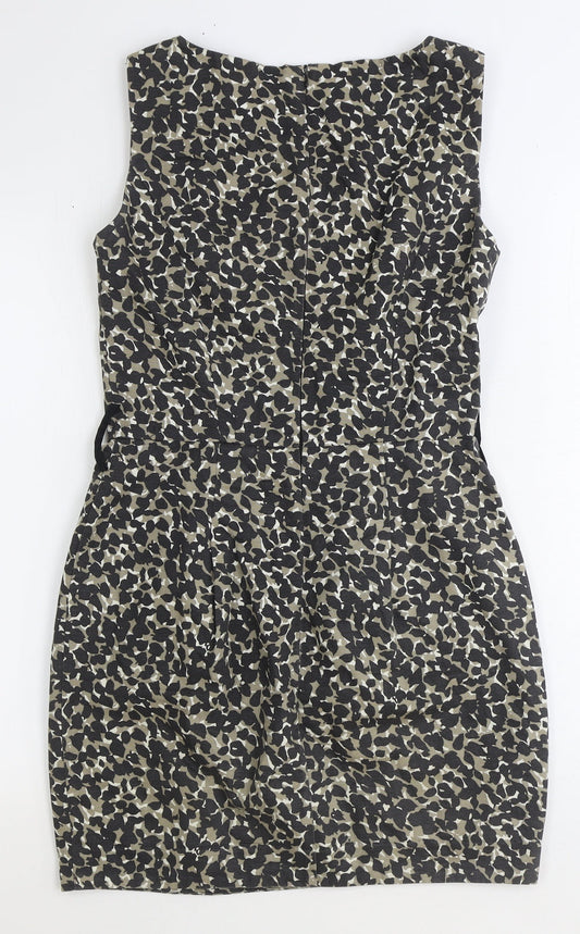 Warehouse Womens Brown Animal Print Cotton Pencil Dress Size 10 Boat Neck Zip