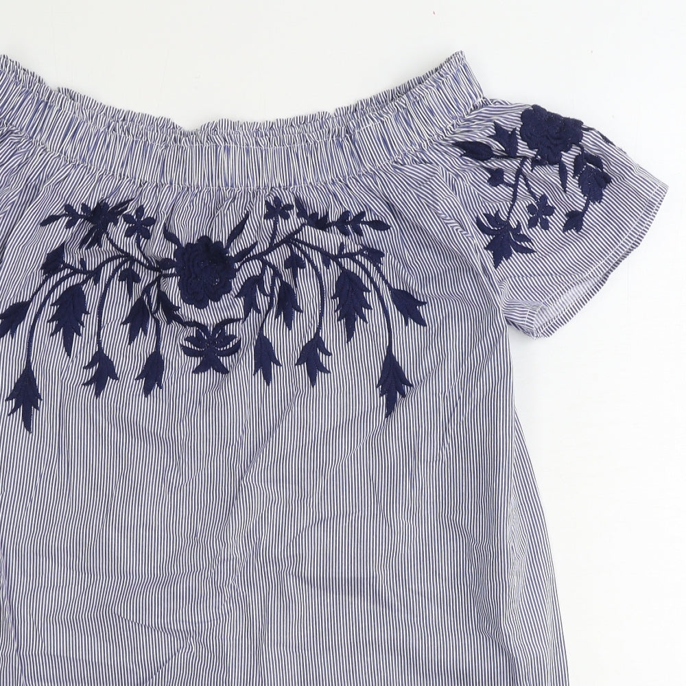 Select Womens Blue Striped 100% Cotton Mini Size 12 Off the Shoulder Pullover